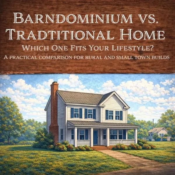 Blog cover for "Barndominium vs. Traditional Home" pic features a white house with a red brick chimney with a grassy yard.