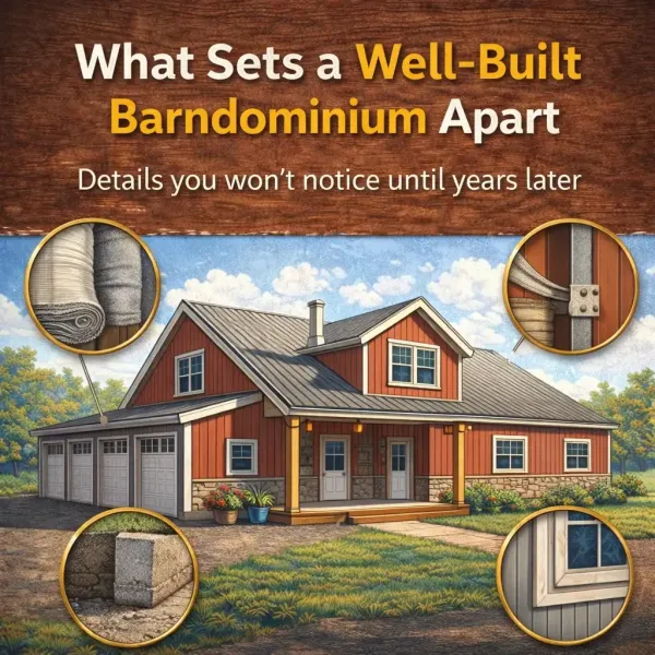 Blog cover for "What Sets a Well Built Barndominium Apart", photo features a red and brick style barndo with lots of windows, four garage doors and circles showing close up aspects of details.