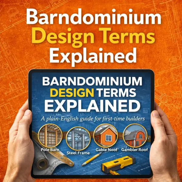 Blog cover "Barndominium Design Terms Explained" Picture has a dark orange background and a iPad with the title on it and small circles showing close ups of some of the terms.